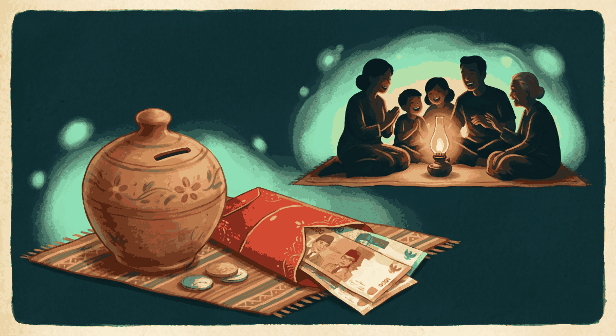 Ilustrasi tradisi uang Indonesia berupa celengan tanah liat, amplop berisi uang, dan siluet keluarga berkumpul